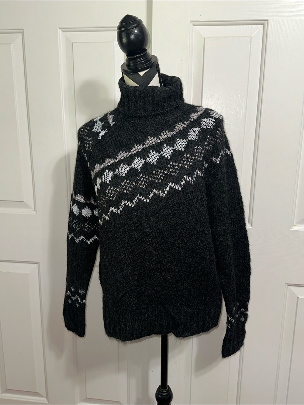 Derek Lam 10 Crosby Black Turtleneck Sweater with White Fair Isle Yoke